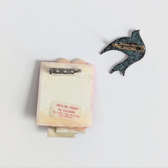 Brooch Duo Swirl Enamel Bird, Designs By Lucinda House Pin Red Yellow Blue - Picture 3 of 7